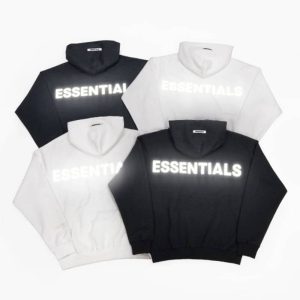 Fear of God Essentials Hoodie with reflective lettering on the front.