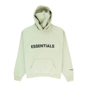 Front view of a Fear of God Essentials hoodie in Sage.