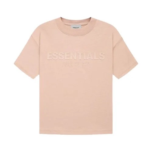 Fear of God Essentials Pink T-shirt A Fear of God Essentials T-shirt in a soft pink color on a hanger.