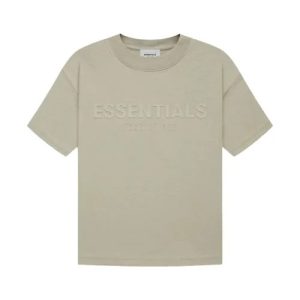 A gray Fear of God Essentials T-shirt on a white background.