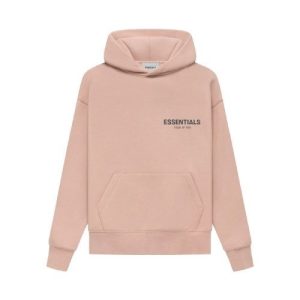 Front view of a Fear of God Essentials pullover hoodie in pink.