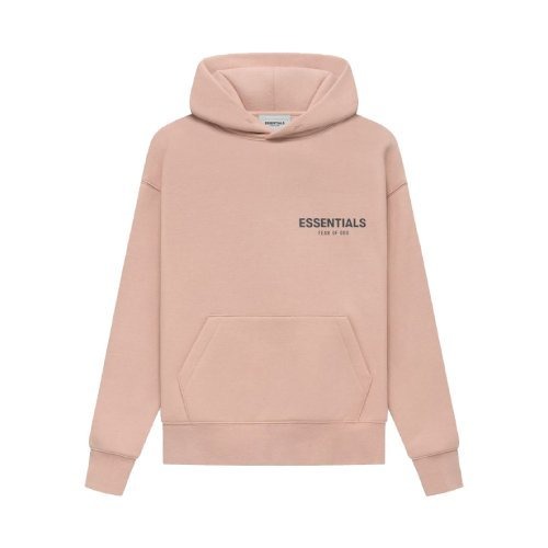 Fear of God Essentials Pullover Pink Hoodie Front view of a Fear of God Essentials pullover hoodie in pink.
